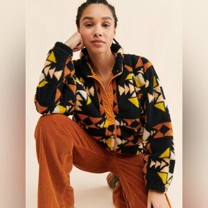 Free People Hit the Slopes fleece geometric shapes Multicolor Teddy Jacket